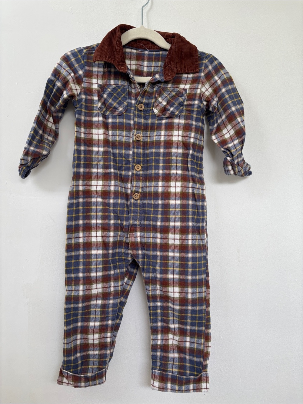 Carter's Plaid Flannel Footed Jumpsuit with Corduroy Collar - Blue/Brown/White